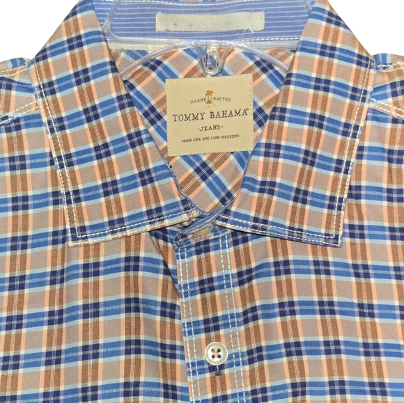 Tommy Bahama Jeans Orange & Blue Tartan Plaid Long Sleeve Button Up Shirt Sz XL - Picture 3 of 10